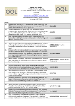 ONLINE QUIZ LEAGUE POP SOLOS Packet by De Stijl, for Use As OFFICIAL MATCH During Week 7 of Season 1 3/8/2021