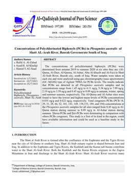 Concentrations of Polychlorinated Biphenyls (Pcbs) in Phragmites Australis of Shatt AL-Arab River, Basrah Governorate South of Iraq