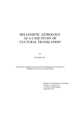 Hellenistic Astrology As a Case Study of „Cultural Translation‟