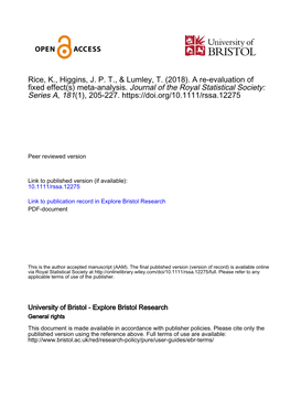 A Re-Evaluation of Fixed Effect(S) Meta-Analysis. Journal of the Royal Statistical Society: Series A, 181(1), 205-227