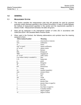 1.0 GENERAL 1.1 Abbreviation/Symbol Meaning Μm Micrometre Or Micron Mm Millimetre M Metre Mm Or Mm2 Square Millimetre M Or M2 S