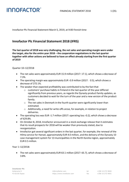 Innofactor Plc Financial Statement 2018 (IFRS)