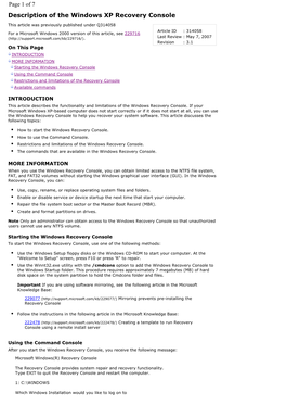 Description of the Windows XP Recovery Console Page 1 of 7