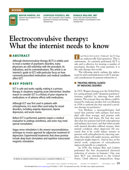 Electroconvulsive Therapy: What the Internist Needs to Know