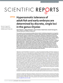 Hyperosmotic Tolerance of Adult Fish and Early Embryos Are Determined