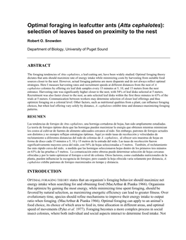 Optimal Foraging in Leafcutter Ants (Atta Cephalotes): Selection of Leaves Based on Proximity to the Nest