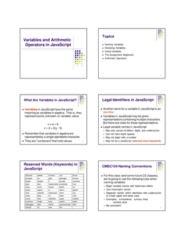 Variables and Arithmetic Operators in Javascript  Naming Variables  Declaring Variables  Using Variables  the Assignment Statement  Arithmetic Operators