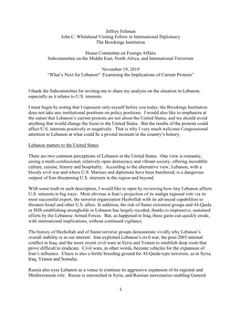 Jeffrey Feltman John C. Whitehead Visiting Fellow in International Diplomacy the Brookings Institution