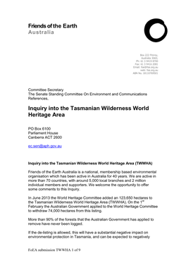 Friends of the Earth Inquiry Into the Tasmanian Wilderness World