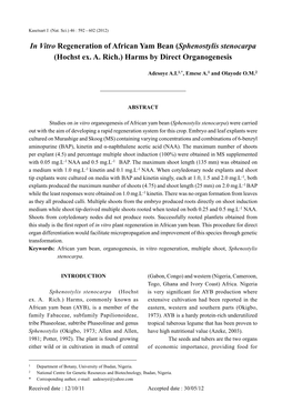 In Vitro Regeneration of African Yam Bean (Sphenostylis Stenocarpa (Hochst Ex