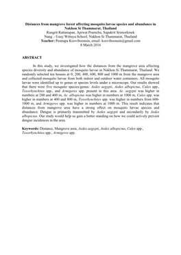 Distances from Mangrove Forest Affecting Mosquito Larvae Species and Abundance in Nakhon Si Thammarat, Thailand Rungrit Rattanap