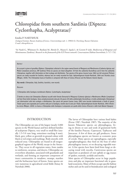 Chloropidae from Southern Sardinia ( Diptera: Cyclorrhapha, Acalyptratae)*