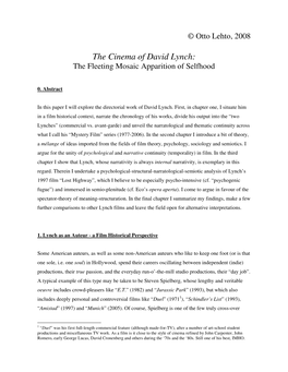 The Cinema of David Lynch: the Fleeting Mosaic Apparition of Selfhood