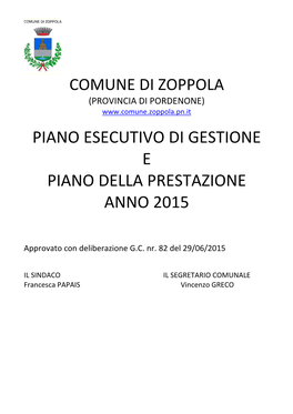 Piano Esecutivo Di Gestione E Piano Della Prestazione Anno 2015