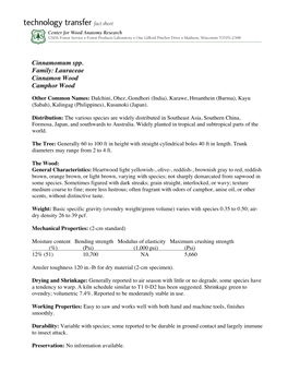 Cinnamomum Spp. Family: Lauraceae Cinnamon Wood Camphor Wood