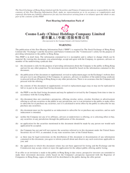 Cosmo Lady (China) Holdings Company Limited 都市麗人（中國）控股有限公司 (Incorporated in the Cayman Islands with Limited Liability) WARNING