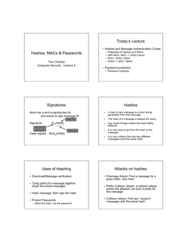 Hashes, Macs & Passwords Today's Lecture Signatures Hashes Uses Of