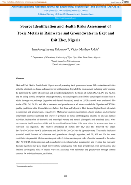 Source Identification and Health Risks Assessment of Toxic Metals in Rainwater and Groundwater in Eket and Esit Eket, Nigeria