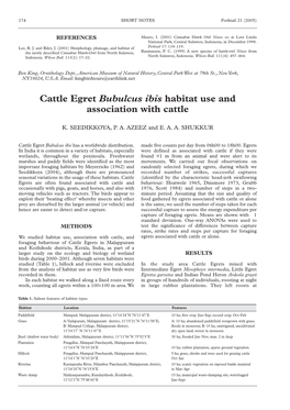 Cattle Egret Bubulcus Ibis Habitat Use and Association with Cattle