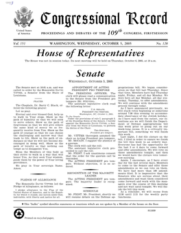 Congressional Record United States Th of America PROCEEDINGS and DEBATES of the 109 CONGRESS, FIRSTSESSION