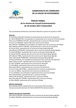 COMMUNAUTE DE COMMUNES DE LA VALLEE DE KAYSERSBERG PROCES-VERBAL De La Réunion Du Conseil Communautaire Du 19 Octobre 2017 À