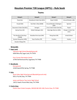 Houston Premier T20 League (HPTL) – Rule Book