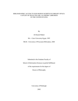 Bibliographic Access to Non-Roman Scripts in Library Opacs: a Study of Selected Arl Academic Libraries in the United States