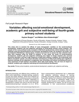 Variables Affecting Social-Emotional Development, Academic Grit and Subjective Well-Being of Fourth-Grade Primary School Students