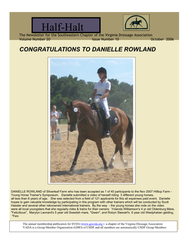 Half-Halt the Newsletter for the Southeastern Chapter of the Virginia Dressage Association Volume Number 20 Issue Number 10 October 2006