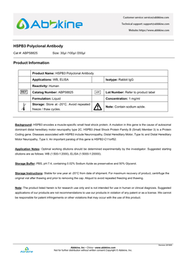HSPB3 Polyclonal Antibody Product Information