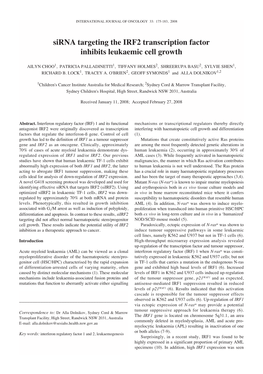 Sirna Targeting the IRF2 Transcription Factor Inhibits Leukaemic Cell Growth