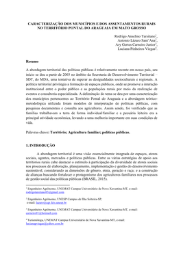 Caracterização Dos Municípios E Dos Assentamentos Rurais No Território Pontal Do Araguaia Em Mato Grosso