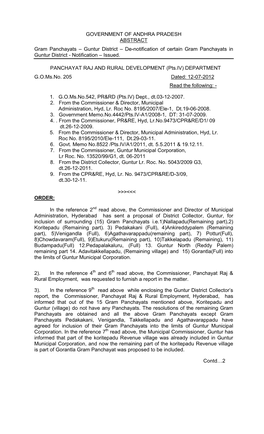 Guntur District – De-Notification of Certain Gram Panchayats in Guntur District - Notification – Issued