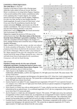 CONSTELLATION EQUULEUS the Little Horse Or the Foal Equuleus Is the Head of a Horse with a Flowing Mane Which the Arabs Called A