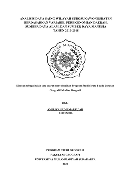 Analisis Daya Saing Wilayah Subosukawonosraten Berdasarkan Variabel Perekonomian Daerah, Sumber Daya Alam, Dan Sumber Daya Manusia Tahun 2010-2018