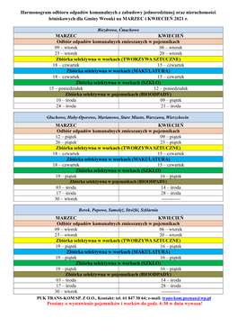 Harmonogram Odbioru Odpadów Komunalnych Z Zabudowy Jednorodzinnej Oraz Nieruchomości Letniskowych Dla Gminy Wronki Na MARZEC I KWIECIEŃ 2021 R