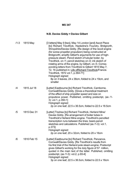 MS 347 N.B. Davies Giddy = Davies Gilbert /1-3 1815 May [3 Letters] May