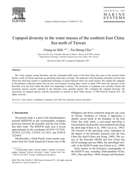 Copepod Diversity in the Water Masses of the Southern East China Sea North of Taiwan