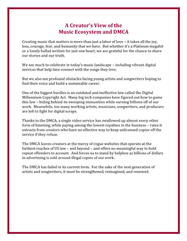 A Creator's View of the Music Ecosystem and DMCA