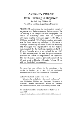 Astrometry 1960-80: from Hamburg to Hipparcos by Erik Høg, 2014.08.06 Niels Bohr Institute, Copenhagen University