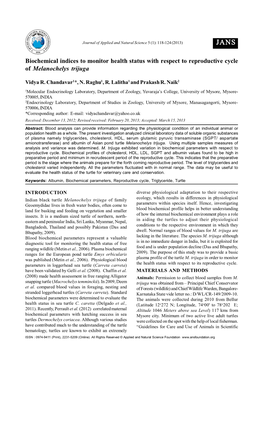 Biochemical Indices to Monitor Health Status with Respect to Reproductive Cycle of Melanochelys Trijuga