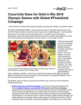 Coca-Cola Goes for Gold in Rio 2016 Olympic Games with Global #Thatsgold Campaign