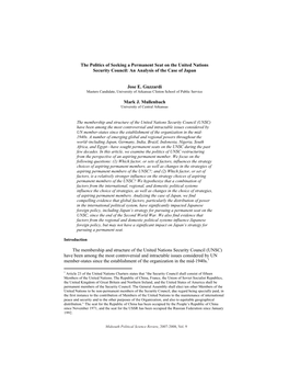 The Politics of Seeking a Permanent Seat on the United Nations Security Council: an Analysis of the Case of Japan Jose E. Guzzar