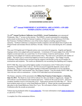 42 Annual NORTHERN CALIFORNIA AREA EMMY® AWARD NOMINATIONS ANNOUNCED