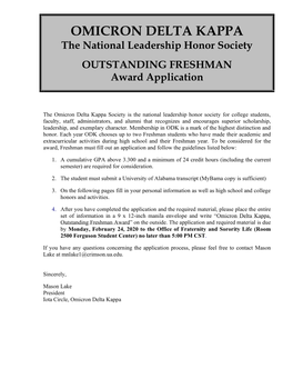 OMICRON DELTA KAPPA the National Leadership Honor Society OUTSTANDING FRESHMAN Award Application