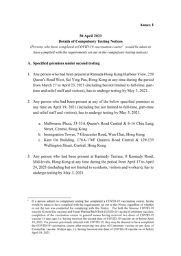 Annex 1 30 April 2021 Details of Compulsory Testing Notices A. Specified Premises Under Second Testing 1. Any Person Who Had