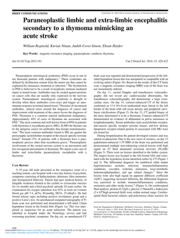 Paraneoplastic Limbic and Extra-Limbic Encephalitis Secondary to a Thymoma Mimicking an Acute Stroke