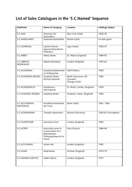 List of Sales Catalogues in the 'S.C.Named' Sequence