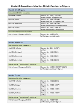 Contact Information Related to E-District Services in Tripura