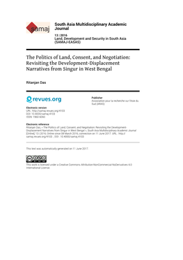 South Asia Multidisciplinary Academic Journal, 13 | 2016 the Politics of Land, Consent, and Negotiation: Revisiting the Development-Di